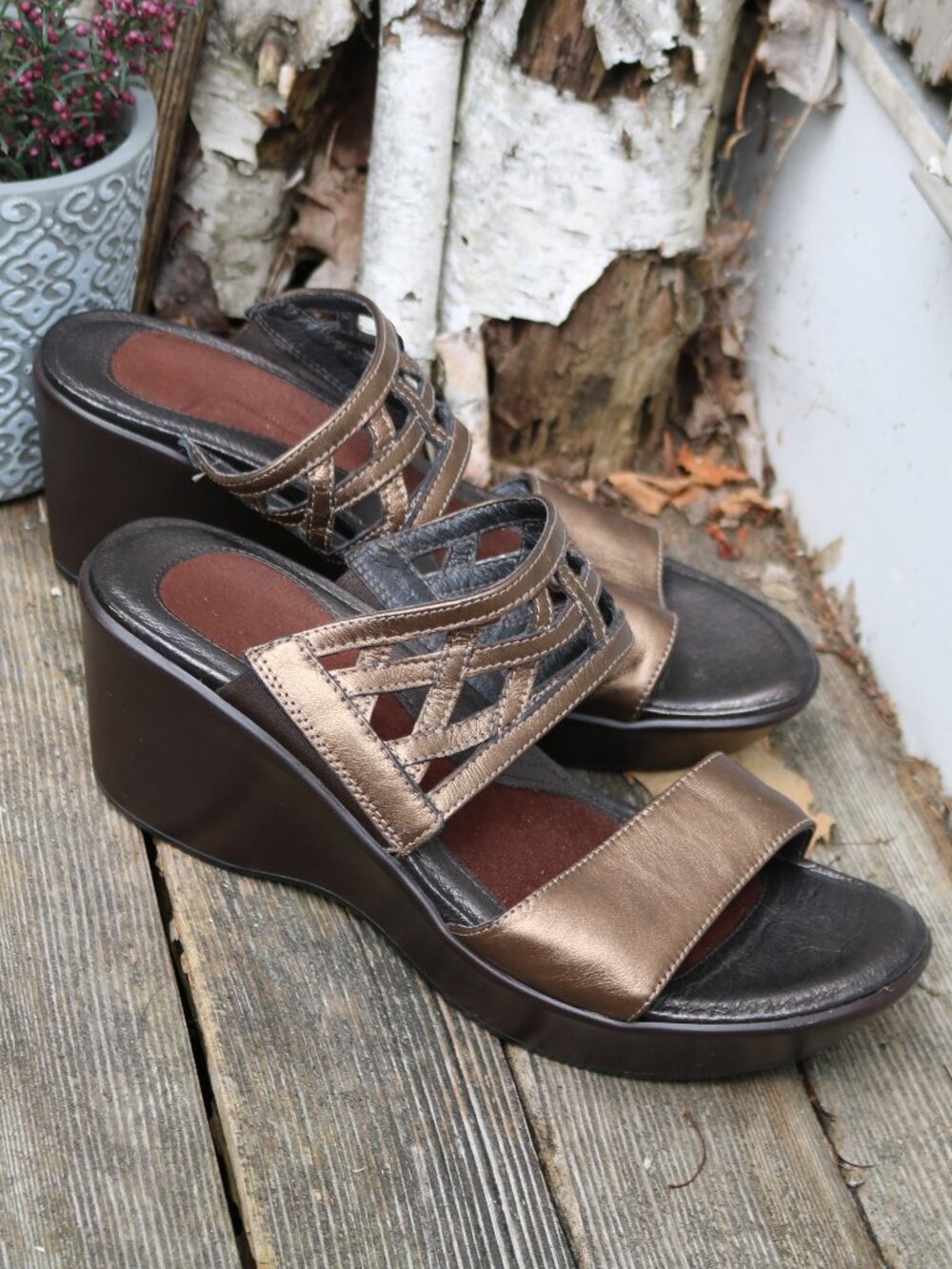 NAOT Bronze Metallic Leather Braided Double Strap Slide Wedge Comfort Sandal 38